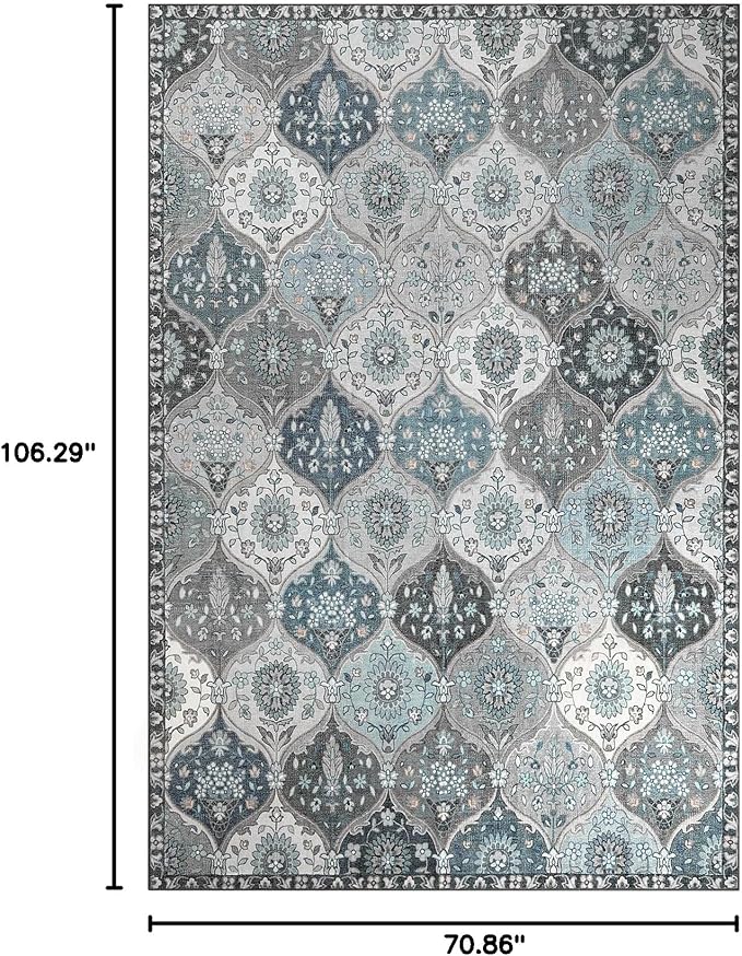 Lahome Moroccan Washable Area Rug 6x9, Ultra-Thin Large Living Room Rugs for Bedroom, Oriental Trellis Distressed Non Shedding Throw Carpet for Dining Room Office, Blue