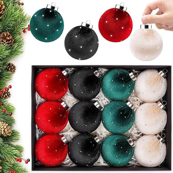 Christmas Tree Ornaments Set Velvet Balls, 12pcs Shatterproof Christmas Bulbs Ornaments for Xmas Tree Decorative Hanging, Vintage Flocked Decoration, 78mm, 3.1in, Multicolor Green Neutral Red Black
