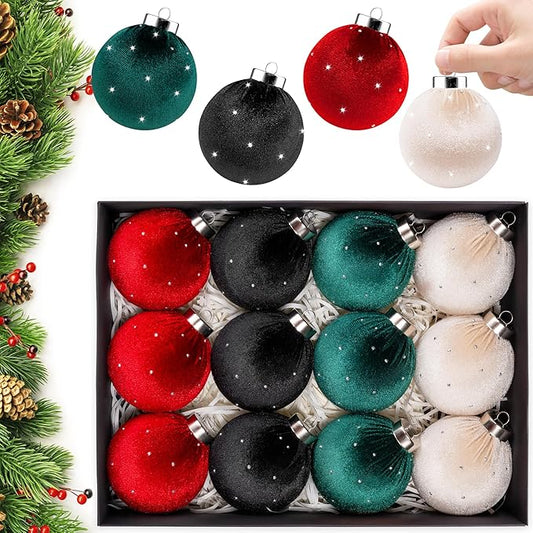 Christmas Tree Ornaments Set Velvet Balls, 12pcs Shatterproof Christmas Bulbs Ornaments for Xmas Tree Decorative Hanging, Vintage Flocked Decoration, 78mm, 3.1in, Multicolor Green Neutral Red Black