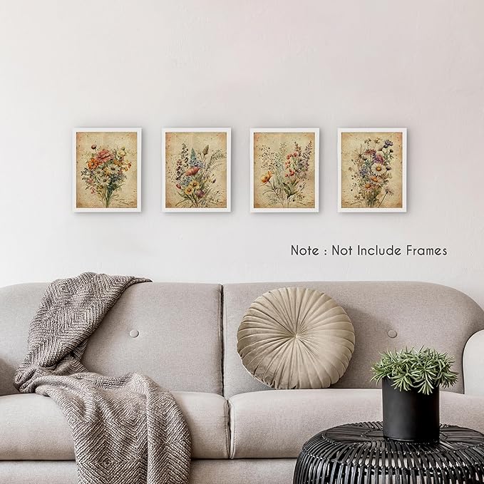 HRQKO Vintage Floral Wall Art - Retro Botanical Wildflower Artwork Printing Posters Set of 4, Unframed 8'x10' for Living Room and Bedroom