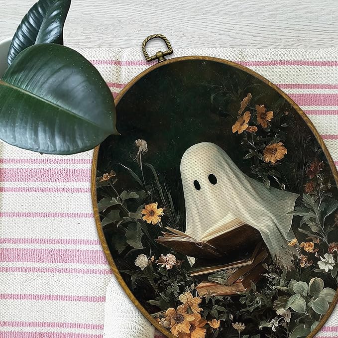 Mcehtle Moody Ghosts Botanic Wall Art Decor, Halloween Cottagecore Dark Academia Framed Canvas Prints 8.6x11.4, Ghost Reading Round Wall Hanging Artwork Decorations for Bedroom Gallery
