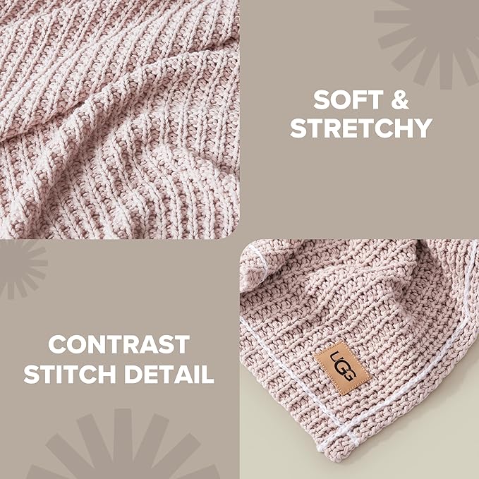 UGG Luna Knit Throw Cotton Chunky Soft Throw Blanket for Couch or Bed Cozy Washable Giftable Lightweight Blanket for Living Room or College Dorm, 50-inch x 70-inch, Quartz Pink
