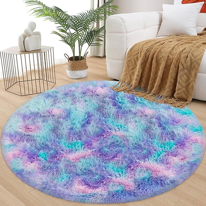 4x4 ft Tie Dye Rainbow Round Rug for Bedroom Room Fluffy Circle Rug Furry Carpet Shaggy Circular Fuzzy Washable Non-Slip Large Area Rug Soft Indoor for Living Room Cute Aesthetic Home Decor