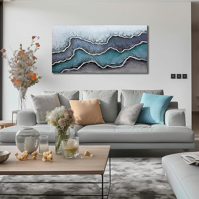 Beach Theme Painting Wall Art for Living Room Blue and White Canvas Wall Art for Office Hand Painted Wall Decor for Dining Room Size 20 x 40 Inch