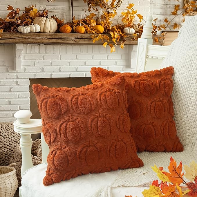 GEEORY Fall Pumpkins Soft Plush Pillow Covers, 20 x 20 Inch Set of 2, Fluffy Faux Fur Wool Decorative Farmhouse Cushion Case for Sofa Home Decoration Rust Pumpkin GC019-20