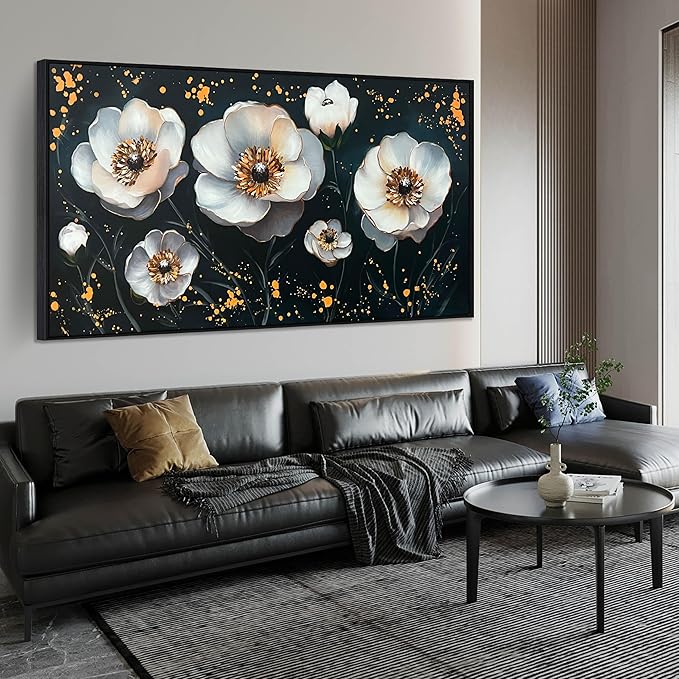 CIRABKY Gold and White Flower Hand Painted Wall Art for Bedroom - Black and White Art Pictures for Wall in Living Room - Big Picture Frames for Wall Size 29" x 59"