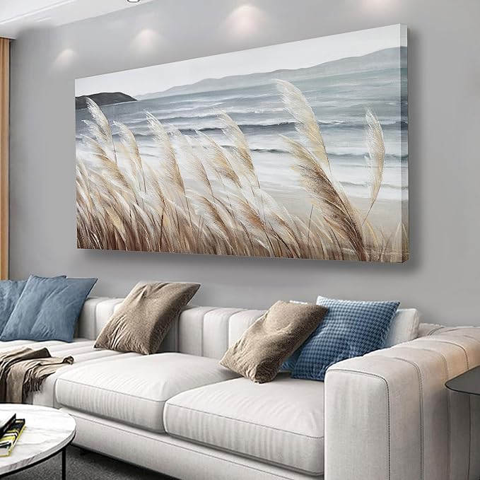 Plant Wall Art Nature Wall Art Reed Seascape Canvas Painting Wall Decor Framed Artwork for Bedroom Living Room Decoration Home Kitchen Office 29"x58"