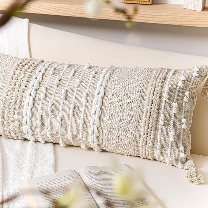 Cream Decorative Lumbar Throw Pillow Cover 14x36 Boho Long Cushion for Bed Neutral Beige White Accent Modern Farmhouse Pillowcase for Bedroom Living Room Couch Sofa Home Décor Cover ONLY