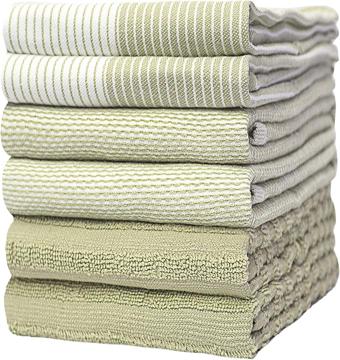 Premium Kitchen Towels (20”x 28”, 6 Pack) | Large Cotton Kitchen Hand Towels | Dish Towels | Flat & Terry Towel | Kitchen Towels | Highly Absorbent Tea Towels Set with Hanging Loop | Sage Green