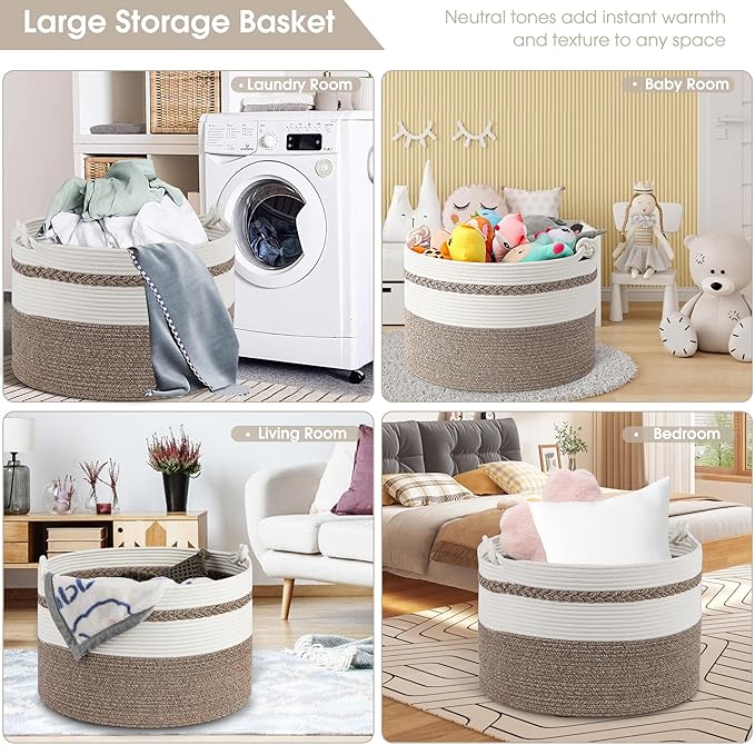 Large Blanket Basket,20''x13'' Storage Basket for Living Room;Toy storage for Organizing,Baby Hamper,Kids Organizer,Woven rope basket;Nursery Storage Bin,White+Dark Brown