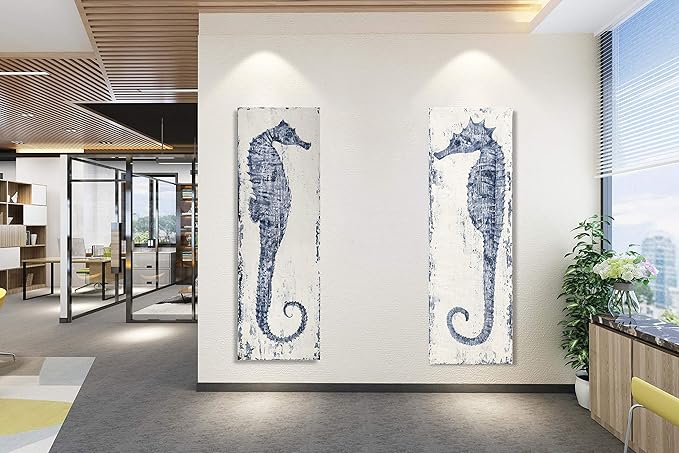 Yihui Arts Ocean Life Theme Bathroom Decor Mediterranean Style Home Canvas Wall Art Watercolor Painting Beach Marine Sea Animal Seahorse Print Framed Stretched Pictures