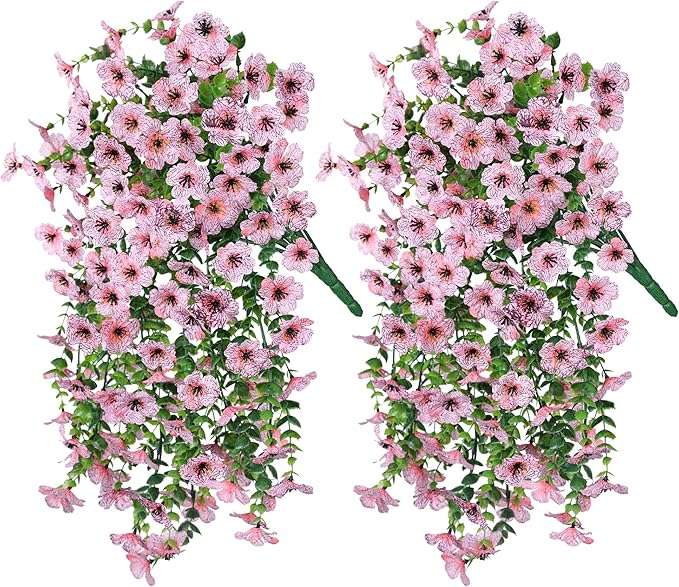 Artificial Faux Outdoor Outside Flowers Plants, 2 PCS Fake Silk UV Resistant Look Real Pink Daisy Trailing Vines for Front Door Porch Planter Urn Patio Balcony Decoration