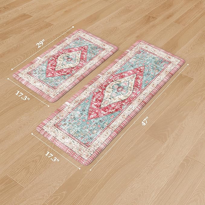 KIMDOE Kitchen Rugs and Mats 2PCS Cushioned Anti Fatigue Kitchen Mat Non-Skid Waterproof Kitchen Runner Rug for Kitchen Decor,Floors,Office,Laundry,Rose Red