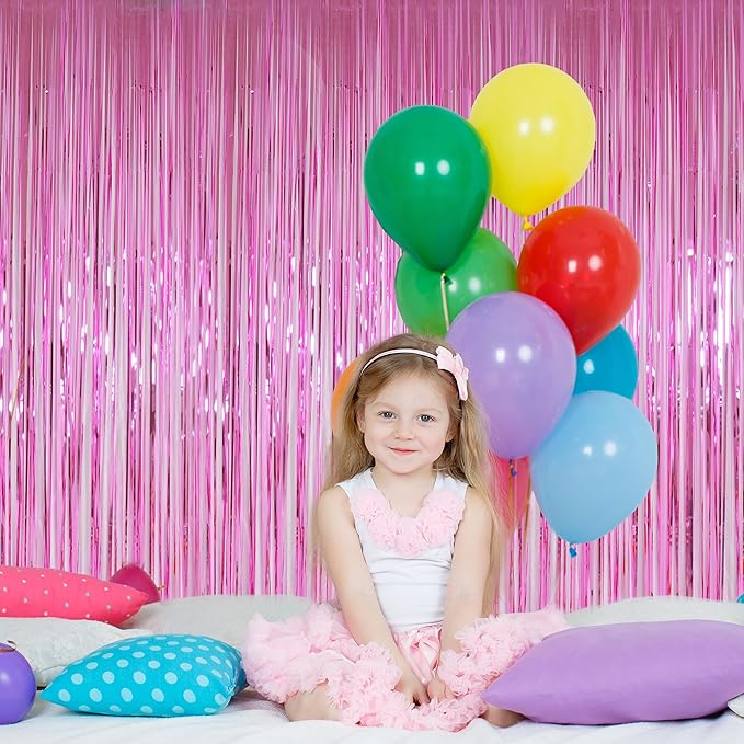 Pink Foil Fringe Curtains Tinsel Backdrop, Melsan 3.2 x 8 ft Metallic Tinsel Curtains Party Decorations for Baby Shower,Babbie, Mermaid Themed Birthday Party Backdrop - Pack of 2