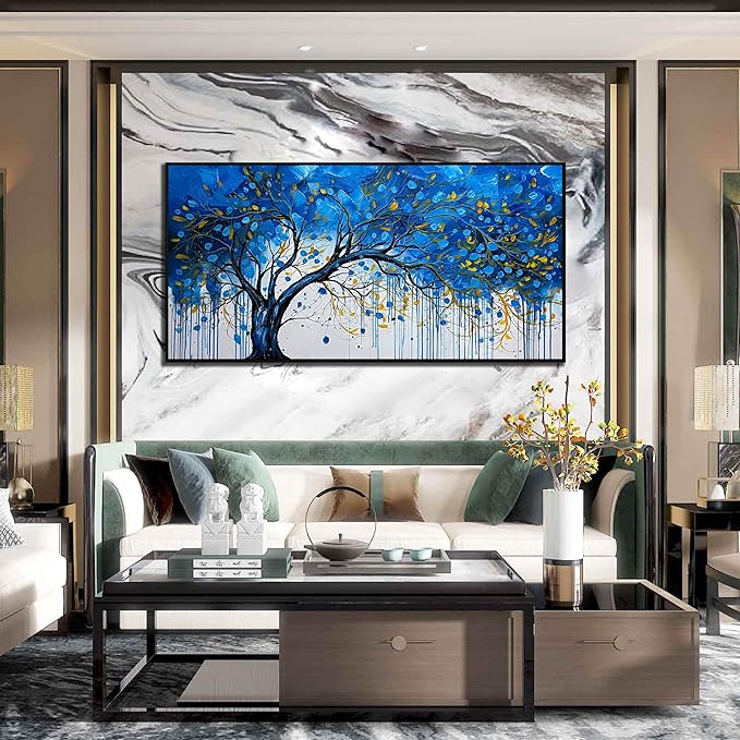 Tree Painting Wall Art for Living Room - Blue Abstract Hand Painted Wall Art for Bedroom - Modern Framed Wall DecoeOffice Size 29" x 59"