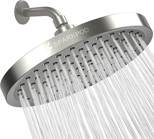 SparkPod Shower Head - High Pressure Rain - Premium Quality Luxury Design - 1-Min Install - Easy Clean Adjustable Replacement for Your Bathroom Shower Heads (Elegant Brushed Nickel, 8 Inch Round)