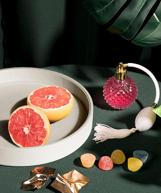 12.6 Inch Round Serving Tray, Home Decorative LeatherOttoman Wooden Decor Platter Bathroom Vanity Tray for All Occasions Anti Slip White