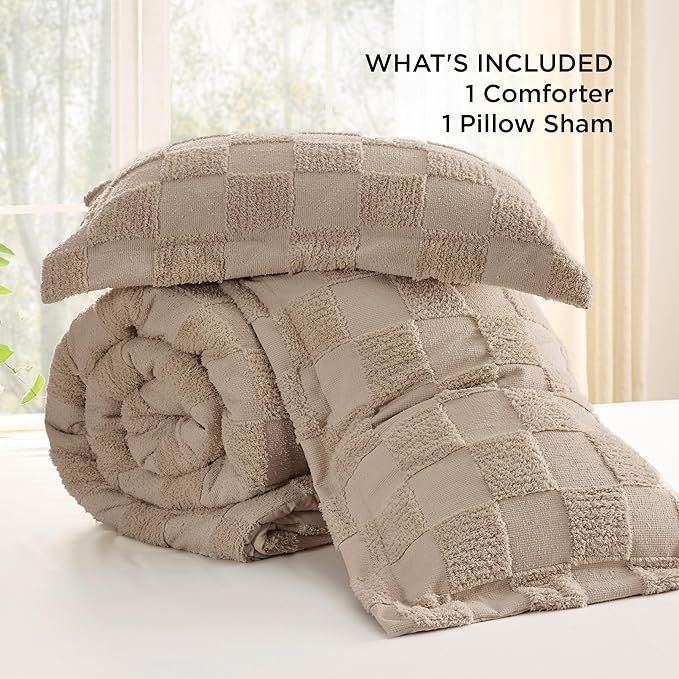 Bedsure Twin/Twin XL Size Comforter Set Khaki, Boho Tufted Bed Set, Checkered Farmhouse Shabby Chic Bedding, 2 Pieces, 1 Plaid Geometric Comforter and 1 Pillow Sham
