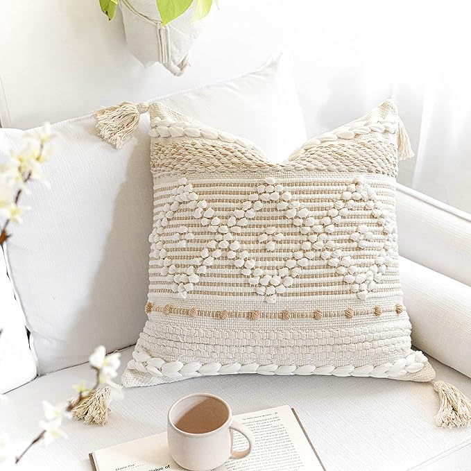 Cream White Boho Throw Pillow Cover 20X20, Boho Woven Textured Pillow Cover, Neutral Pillow Cover, Sofa Couch Bed Farmhouse Lumbar Pillow (Cover ONLY)