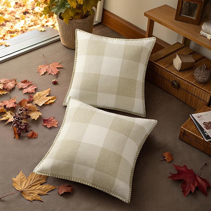 decorUhome Christmas Buffalo Plaid Check Throw Pillow Covers 22x22 Set of 2, Outdoor Linen Decorative Farmhouse Gingham Pillow Covers with Stitched Edge for Bed Couch Sofa, Cream White and Beige