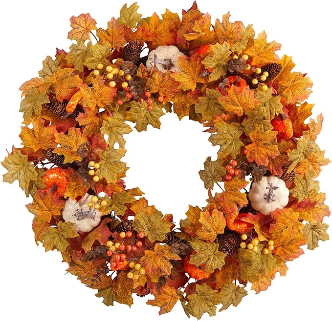 Nearly Natural 30in. Autumn Pumpkin and Maple Leaf Artificial Fall Wreath