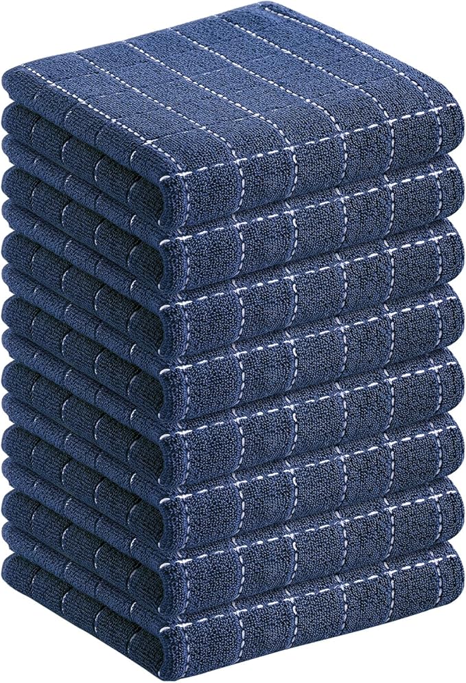 Homaxy 100% Cotton Terry Kitchen Towels(Navy Blue, 13 x 28 inches), Checkered Designed, Soft and Super Absorbent Dish Towels, 8 Pack