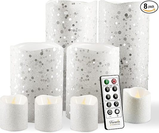 FURORA LIGHTING White Glitter Real Wax Flameless LED Candles with Remote & Timer (2/4/6/8 H), Battery Operated for Safety and Elegance, Pack of 8