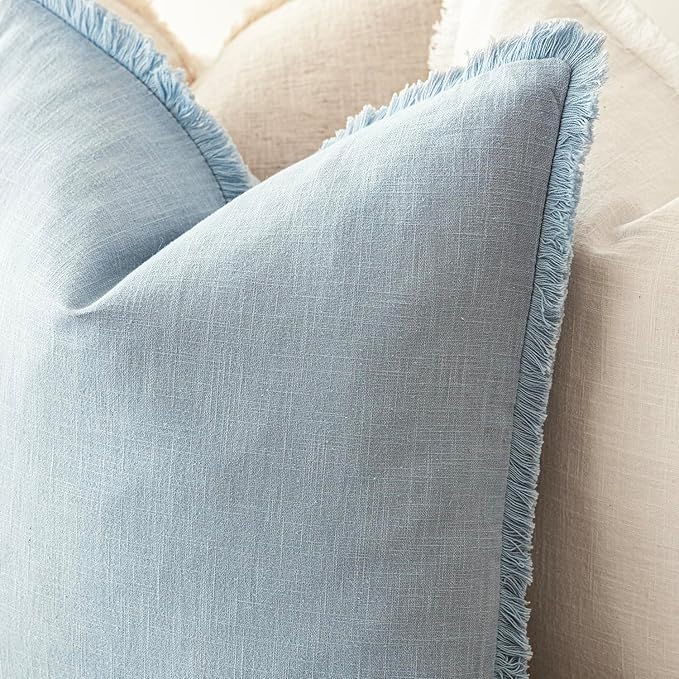 Foindtower Set of 2 Decorative Linen Fringe Throw Pillow Covers Boho Farmhouse Cushion Cover with Tassels Soft Accent Pillowcase for Couch Chair Sofa Bed Living Room Home Decor,16×16 Inch,Sky Blue