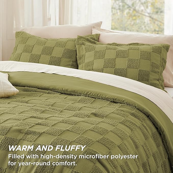 Bedsure Twin/Twin XL Comforter Set Olive Green, Boho Tufted Bed Set, Checkered Farmhouse Shabby Chic Bedding, 2 Pieces, 1 Plaid Geometric Comforter and 1 Pillow Sham