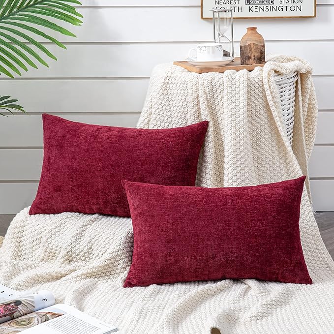GAWAMAY Lumbar Decorative Throw Pillow Covers 12"x20" Inch Set of 2, Super Soft Chenille Rectangle Pillowcase for Living Room Bedroom Sofa Couch Cushion Pillow Cover Burgundy Red 30x50cm (ONLY COVERS)
