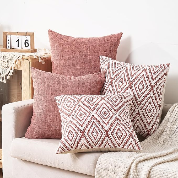 HPUK Decorative Throw Pillow Covers Set of 4 Geometric Design Linen Cushion Cover for Couch Sofa Living Room, 20"x20" inches, Coral