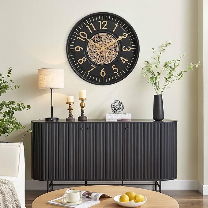 CLXEAST 21 Inch Moving Gear Wall Clock, Large Regular Arabic Numeral Wall Clocks for Living Room Decor,Modern Black& Gold Finish,House Warming Gifts New Home