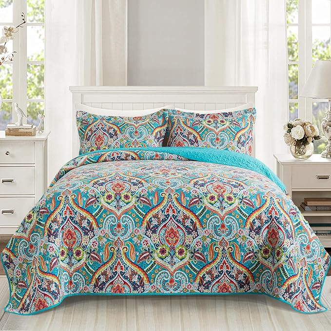 VAPUTAR Quilt Queen Bedding Set - Soft Cotton Quilts with Paisley Floral Pattern - Lightweight Reversible Bedspreads for Farmhouse (3 Pieces, Bright Teal)