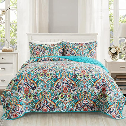 VAPUTAR Quilt California King Size Bedding Set - Cotton California King Quilt (108 * 118 Inch) - Boho Lightweight Reversible Oversized Bedspread for Farmhouse Bedroom (Teal), 3 Pieces