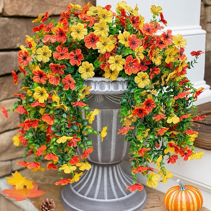 Artificial Flowers for Outdoors Decoration, 2Pcs Fake Hanging Spring Decor, Yellow and Orange Realistic Plants, UV & Fading Resistant Silk Flower for Porch Patio Balcony Planter Yard