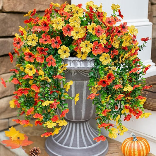 Artificial Flowers for Outdoors Decoration, 2Pcs Fake Hanging Spring Decor, Yellow and Orange Realistic Plants, UV & Fading Resistant Silk Flower for Porch Patio Balcony Planter Yard