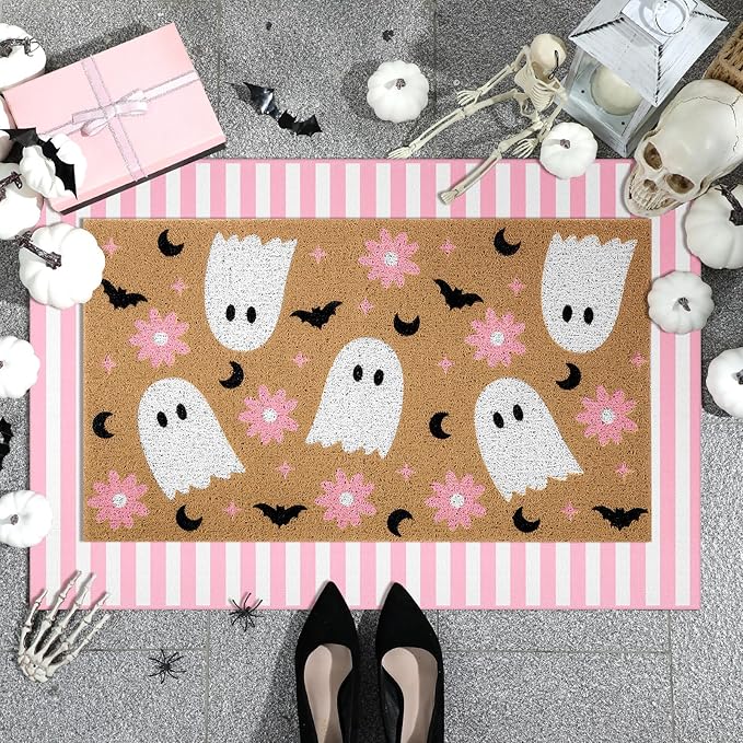 2 Pcs Halloween Door Mat Ghost Welcome Non Slip Coir Mats Pink Flower Cute Bat Stripe Floor Layering Doormats Seasonal for Front Porch Entryway Decor(Flower Ghost)