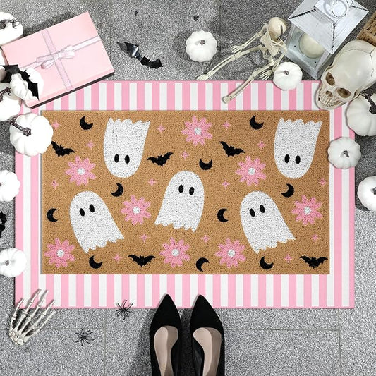 2 Pcs Halloween Door Mat Ghost Welcome Non Slip Coir Mats Pink Flower Cute Bat Stripe Floor Layering Doormats Seasonal for Front Porch Entryway Decor(Flower Ghost)