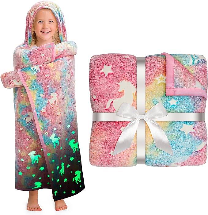 Unicorn Glow In The Dark Wearable Blanket For Girls- Soft Warm 52"X60" Flannel Fleece Unicorn Gifts For Girls Age 8-10, 6-8, 4-6, Hooded Throw Blanket Gift For Kids