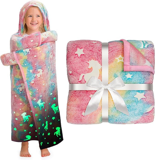 Unicorn Glow In The Dark Wearable Blanket For Girls- Soft Warm 52"X60" Flannel Fleece Unicorn Gifts For Girls Age 8-10, 6-8, 4-6, Hooded Throw Blanket Gift For Kids