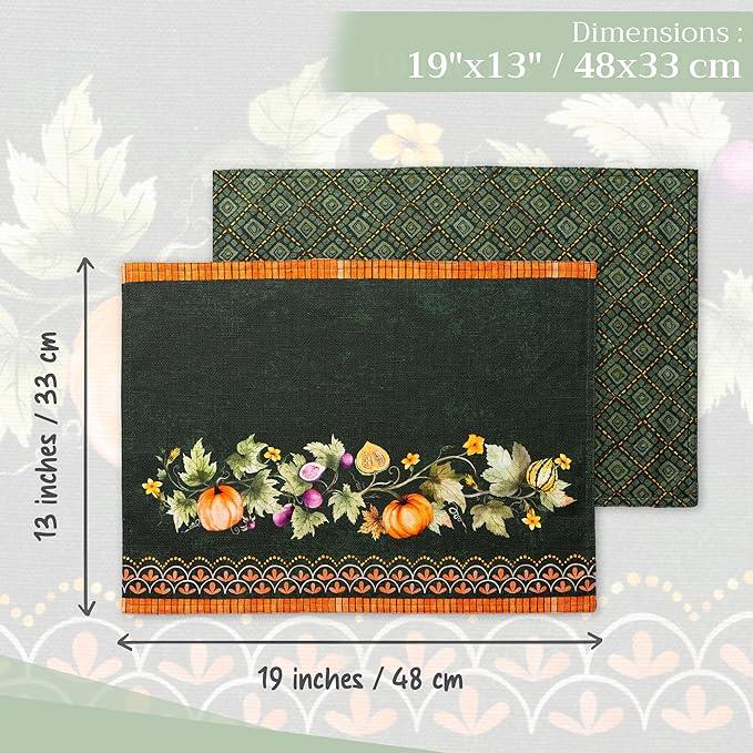 Maison d' Hermine Placemats Set of 4 100% Cotton Washable Cloth Place Mats, Reusable Table Mats for Kitchen Dining Decoration, Party, Wedding, Restaurant (Pumpkin Garden - Dark Green, 13" x 19")