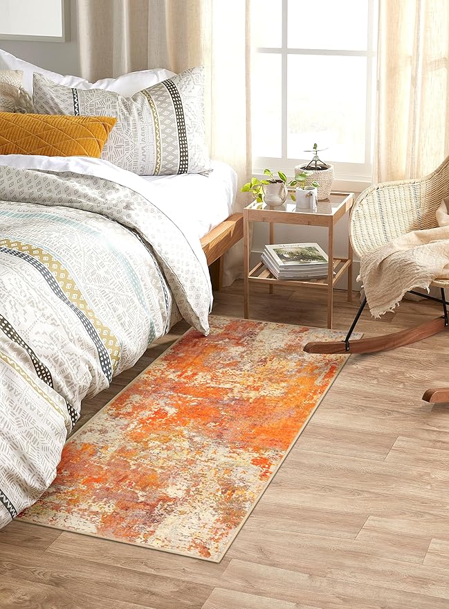 Lahome Modern Abstract Runner Rug - 2x4.3 Washable Kitchen Soft Laundry Room Rugs Bathroom Mat, Contemporary Non Slip Indoor Throw for Entryway Living Room, Yellow/Gold/Cream 2' x 4.3'