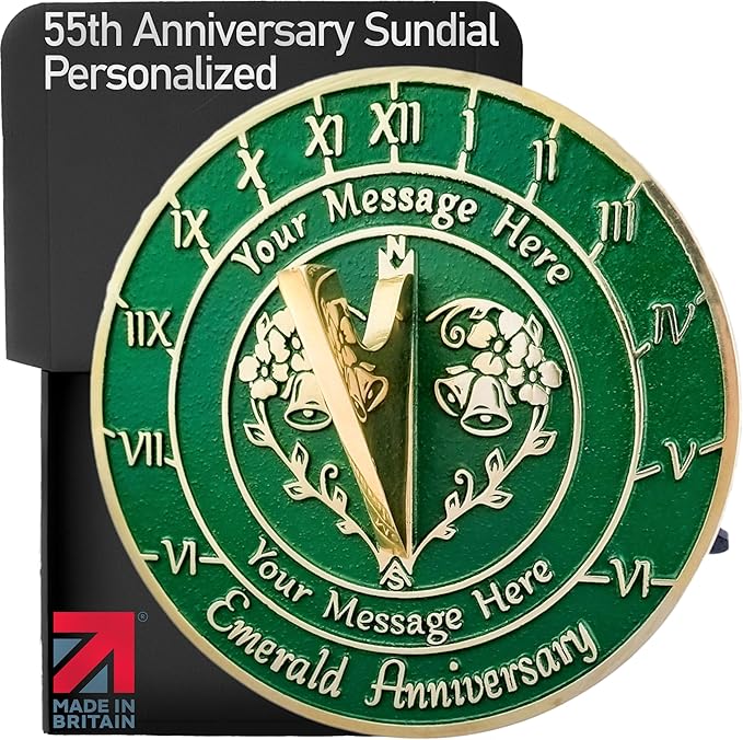 Metal Foundry Personalized Emerald 55th Sundial - Heavy Duty Recycled Brass Home Decor, Garden Present Made in The UK for Parents, Grandparents, Friends, Couples 55 Years Marriage