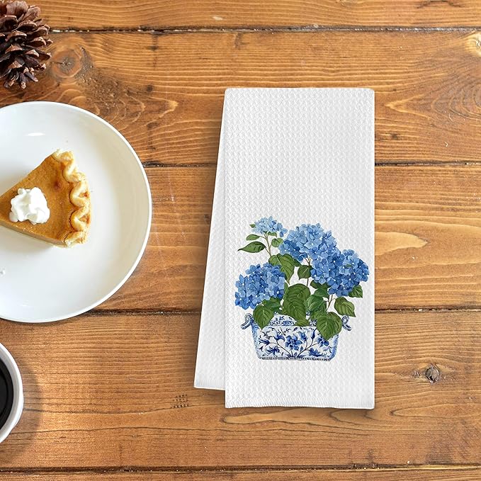 Chinoiserie Kitchen Towels 16x24 Inches - Blue and White Hydrangea Floral Dish Towels, Decorative Hand Towels for Bathroom and Kitchen