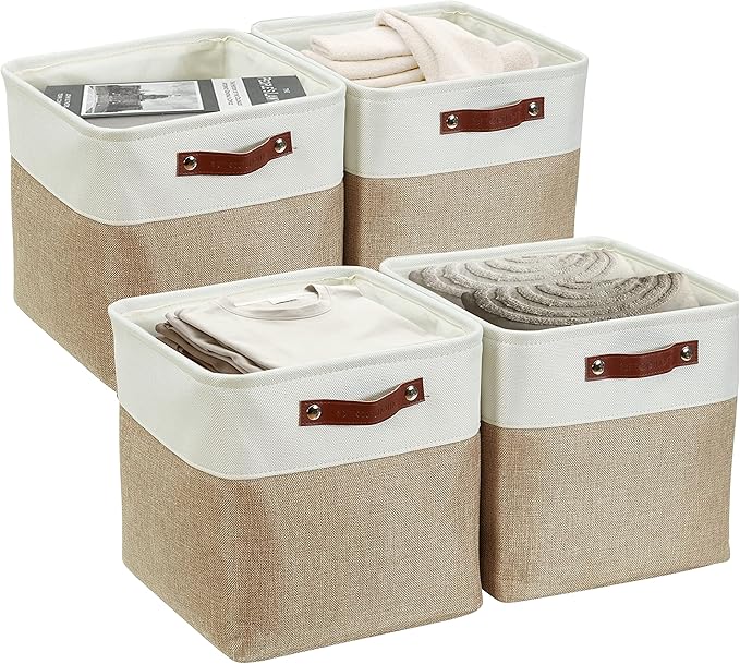 DECOMOMO Storage Cubes, 11x11 Cube Storage Bins, Baskets for Shelves (Beige & White, Cube 11" - 4 Pack)
