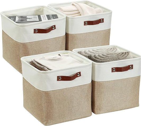 DECOMOMO Storage Cubes, 11x11 Cube Storage Bins, Baskets for Shelves (Beige & White, Cube 11" - 4 Pack)