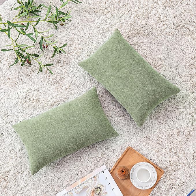 GAWAMAY Lumbar Decorative Rectangle Throw Pillow Covers 12"x20" Inch Set of 2, Super Soft Chenille Throw Pillowcase for Sofa Living Room Bedroom Couch Cushion Cover Sage Green 30x50cm (ONLY Covers)