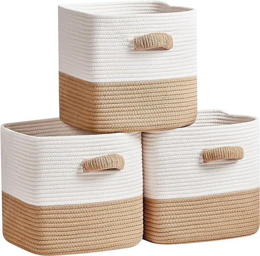 Storage Cube Baskets for Organizing -3 Pack -11 inch Square Baskets for Cube Storage, Closet Storage Bins-Woven Cube Storage Bins for Shelves- Ideal for Toy Storage |White & Khaki