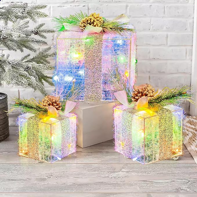 Hourleey Set of 3 Christmas Lighted Gift Boxes, Pre-lit 60 LED Light Up Present Boxes Ornament Outdoor Multi Color Tinsel Boxes Decoration for Indoor Christmas Home Yard Lawn Decor