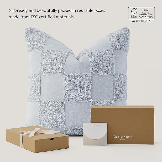 Double Stitch 100% Cotton Throw Pillow Covers - Checkered Tufted Boho Decorative Pillow Covers 20x20, Made in India, Square Cushion Case, Modern Home Decor for Couch, Sofa, Living Room, Arctic Blue